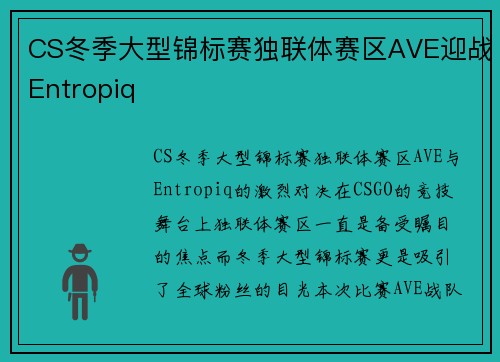 CS冬季大型锦标赛独联体赛区AVE迎战Entropiq