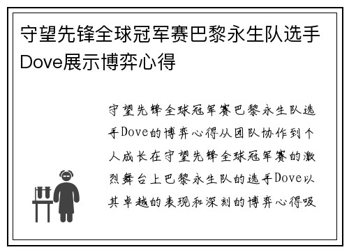 守望先锋全球冠军赛巴黎永生队选手Dove展示博弈心得